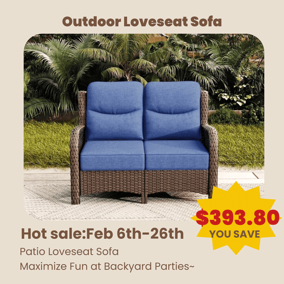 Hillga Wicker Outdoor Loveseat Sofa with Cushions for Backyard,Blue