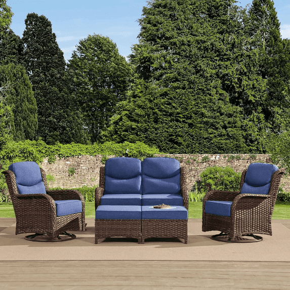 Hillga Luxury Patio Furniture Set Loveseat Sofa Swivel Rocker Chairs 5-Pieces Blue