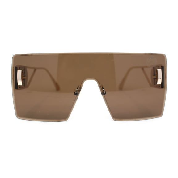 Luxury Oversized Rectangle Shield Rimless Lion Emblem Sunglasses Gold - Brown