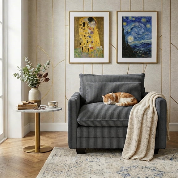 Luxury Oversized Single Lounge Chair, Modular Corduroy Sofa Chair with Pillow, Comfortable Single Seater Sofa, Dark Grey