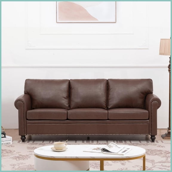 Luxury PU Leather 3-Seater Sofa with Solid Wood Frame & Silver Bubble Nails for Living Room