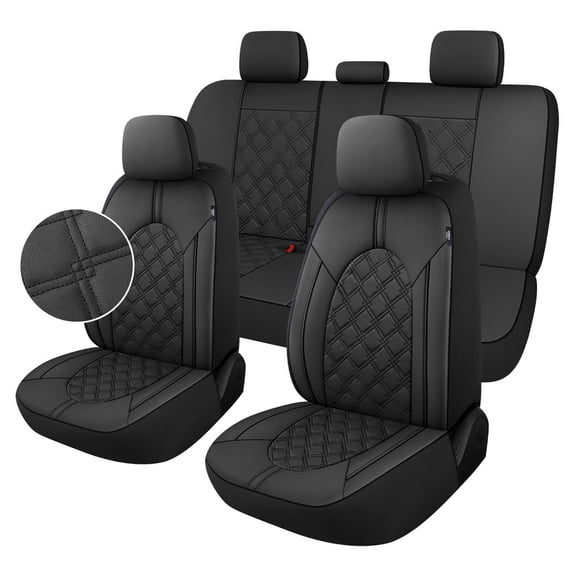 Luxury PU Leather Car Seat Covers Full Set-Waterproof Seat Protectors with Split Bench Seat Covers for Cars-Universal Cars Interior Covers for Sedans, SUVs, Pick-up Trucks (Black/Black Line)