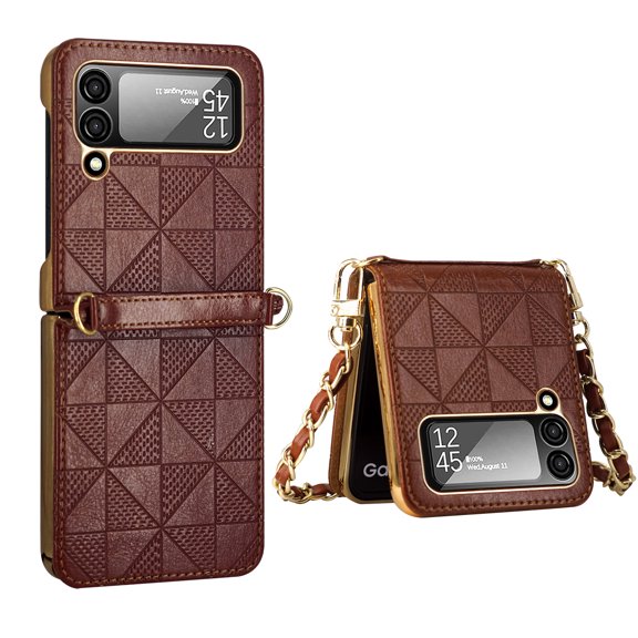 Luxury PU Leather Case for Samsung Galaxy Z Flip 4 5G 2022, Hard PC Bumper Ultra-Slim Cover with Long Shoulder Strap Anti-Lost Camera Lens Protector Case Crossbody Strap, Brown