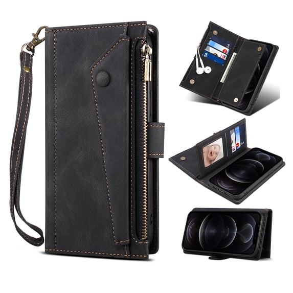 Luxury PU Leather Wallet Case for Samsung Galaxy A53 5G, Zipper Pocket Card Slots Holder Kickstand Flip Folio Cover with Shoulder Strap Crossbody Wrist Hand Strap Anti-Scratches Case,Black