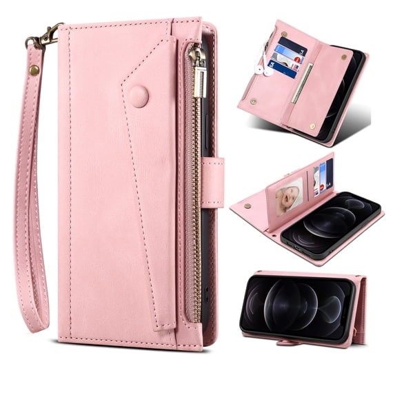 Luxury PU Leather Wallet Case for Samsung Galaxy S21 FE, Zipper Pocket Card Slots Holder Kickstand Flip Folio Cover with Shoulder Strap Crossbody Wrist Hand Strap Anti-Scratches Case,Rosegold