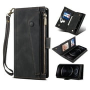 Luxury PU Leather Wallet Case for Samsung Galaxy S23 Ultra, Zipper Pocket Card Slots Holder Kickstand Flip Folio Cover with Shoulder Strap Crossbody Wrist Hand Strap Anti-Scratches Case,Black