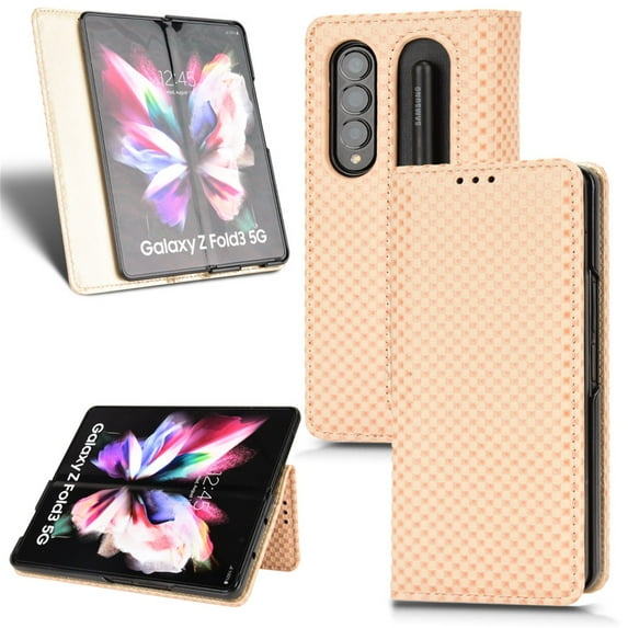 Luxury PU Leather Wallet For Galaxy Z Fold 4, Folio Premium Leather Phone Case with Kickstand Pencil Holder Magnetic Flip Shockproof Protective Cover for For Samsung Galaxy Z Fold 4, Beige
