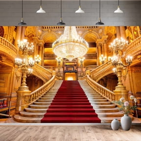 Luxury Palace Staircase Backdrop, Gilded Opera House Red Carpet Staircase Background for Wedding Photo Booth, Prom Party Decor, Portrait Photography, Video Shoot,7x5FT
