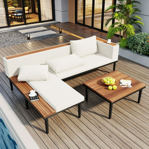 Luxury Patio Furniture Set with Removable Cushions and Coffee Table, L-Shaped Acacia Wood Sofa with Side table, Outdoor Conversation Sectional Sofa for Backyard, Porch (Beige)
