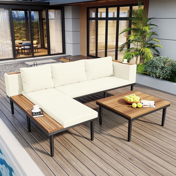 Vanress Luxury Patio Furniture Set with Removable Cushions and Coffee Table, L-Shaped Acacia Wood Sofa with Side table, Outdoor Conversation Sectional Sofa for Backyard, Porch, Deck, Beige