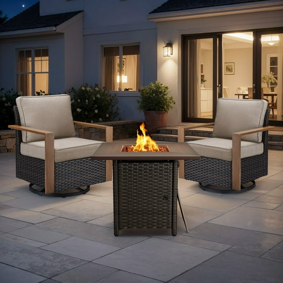 Luxury Patio Furniture Sets with 50000BTU Propane Fire Pit Table,Patio Swivel Glider Patio Chair with Fire Pit Table Outdoor Conversation Sets for Porch Backyard Balcony