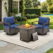 Luxury 3 Pieces Patio Furniture Sets with Fire Pit Table Outdoor Wicker Conversation Set with 2 Swivel Glider Patio Chair for Porch Backyard Balcony