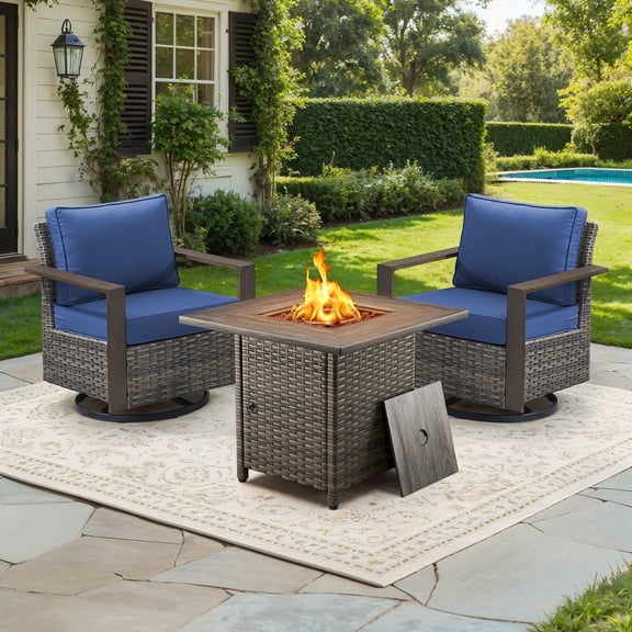 Luxury Patio Furniture Sets with 50000BTU Propane Fire Pit Table,Patio Swivel Glider Patio Chair with Fire Pit Table Outdoor Conversation Sets for Porch Backyard Balcony
