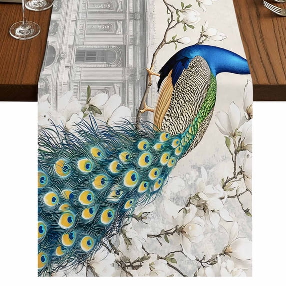 Luxury Peacock 120 Inch Table Runner, Watercolor Vintage Floral Attic Farmhouse Dresser Scarf Cotton & Linen Tablerunner for Dining/Kitchen Island/Holiday Party Décor 13" x 120"