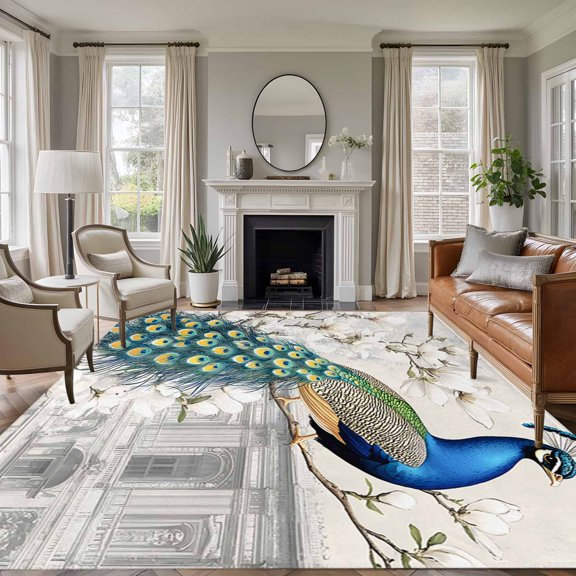 Luxury Peacock 6'x9' Area Rug for Living Room, Watercolor Vintage Floral Attic Washable Non-Slip Floor Mat Rugs for Bedroom Dining Room, Indoor Large Carpet for Classroom, Nursery Rugs for Playroom