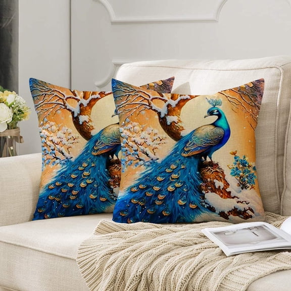 Luxury Peacock Feather Decorative Pillow Covers 18x18", Set of 2, Ideal for Sofa & Couch