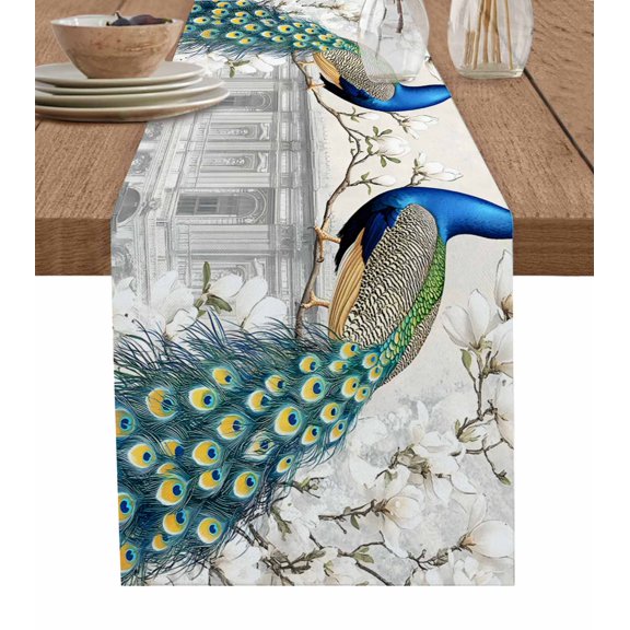 Luxury Peacock Table Runner 48 Inches, Watercolor Vintage Floral Attic Bed Runner Dresser Scarves Tabletop for Indoor Outdoor Parties/Ceremony/Banquet, 13" x 48"