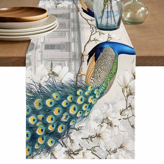 Luxury Peacock Table Runner, Watercolor Vintage Floral Attic Washable Cotton Linen Table Runners 48 Inches Long, Dresser Scarf Runner for Nightstand/Coffee/End Tables 13''x48''
