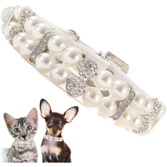 Luxury Pearl Cat Collars for Girl Cats, Fancy Bling Crystal & Pearl Kitten Collar, Rhinestone Beaded Puppy Necklace Diamond Jewelry for XXS XS Small Female Pet Dogs, White XXSmall