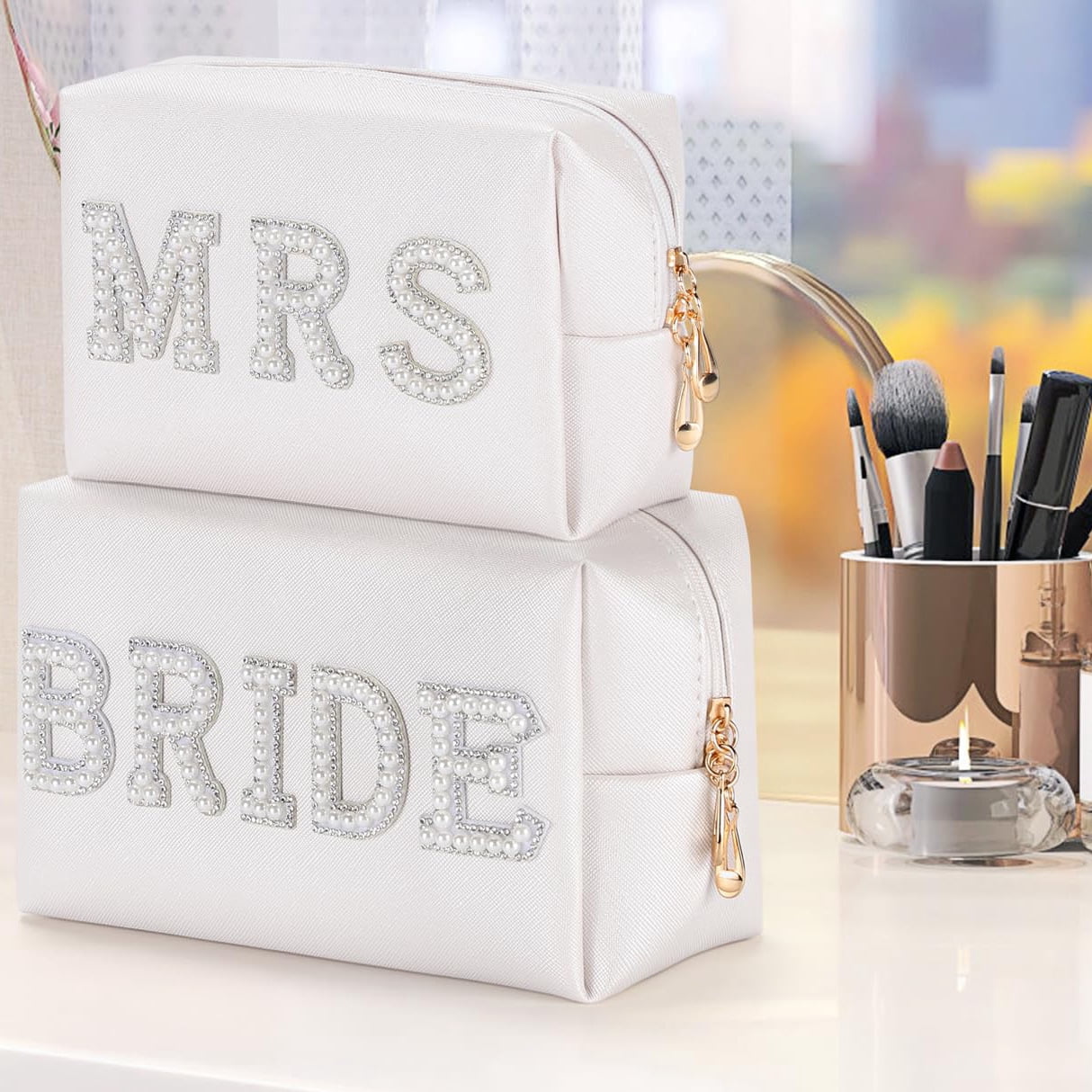 Luxury Pearl Rhinestone Bride Makeup Bag White PU Leather Bridal Travel Toiletry