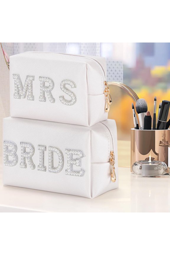 Luxury Pearl Rhinestone Bride Makeup Bag White PU Leather Bridal Travel Toiletry