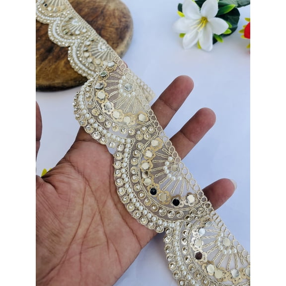 Luxury Pearl and Mirror Trim, Gold Scallop Embroidered Lace Border, 2.25 Inch Wide Decorative Ribbon for Wedding, 3 Yard
