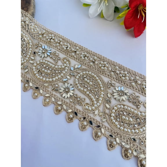 Luxury Pearl and Rhinestone Trim, Gold Paisley Embroidered Lace Border, 4 Inch Wide Decorative Ribbon with Crystal Beading for Wedding, 3 Yard