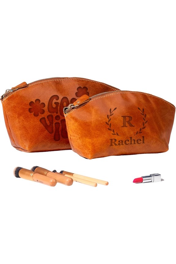 Luxury Personalized Leather Makeup Bags Crafted in , Full-Grain Leather Bag Engraved Name Initials or Logo, Birthday Anniversary Christmas or Mother , Italian Zipper, Purse for Women