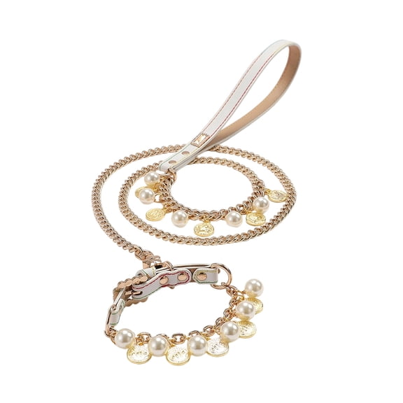 Luxury Pet Collar and Leash Set Cat Pearl Gold Coin Charms Necklace Chain Adjustable Dog Elegant Bead Collar for Wedding Travel