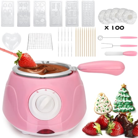 Luxury Pink Electric Chocolate Fondue Pot Set - Adjustable Temp, Non-Stick + Forks/Dipping Tools - For Chocolate/Caramel/Cheese, Romantic Dates & Couples Gift