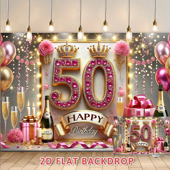 Luxury Pink Gold 50th Birthday Backdrop, Adult 50 Years Old Party Decoration Banner, Photography Background for Banquet Birthday Celebration Scene Setup Props