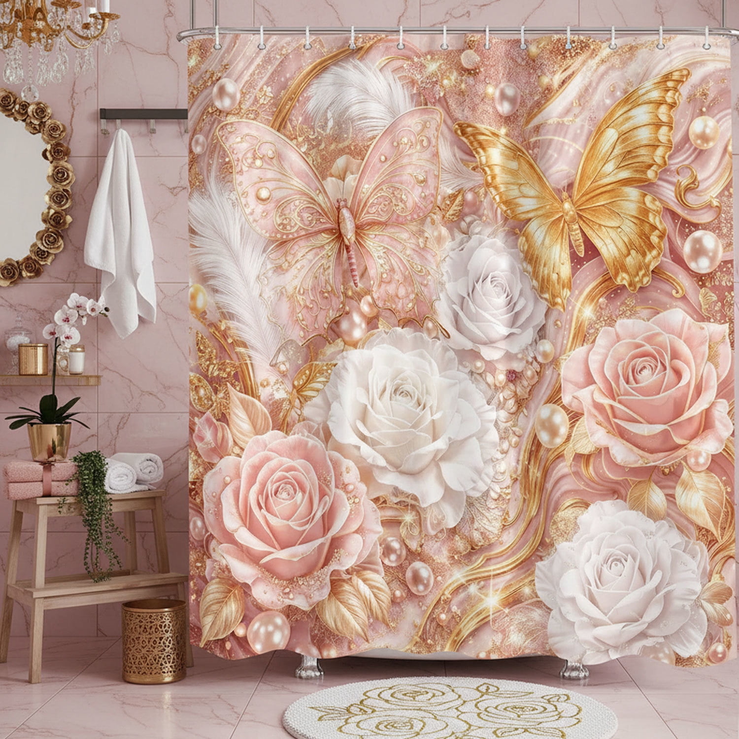 Luxury Pink and Gold Butterfly Floral Shower Curtain, Elegant Marble Rose Modern Texture Shower Curtains for Bathroom Decor, Elegant Golden Fluid Aesthetic Bath Curtain Set with Hooks, 72X84IN