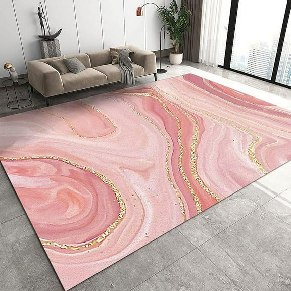 Luxury Pink Marble Texture Area Rug, Modern Gilt Ink Art Indoor Non-Slip Kids Rugs, With Anti-Slip Backing Washable Indoor Carpet For Living Room Bedroom Study Dining Room 5 x 8ft