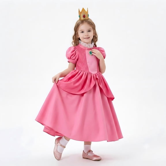 Luxury Pink Princess Dress Up Costume Set for G'irl's - Puff Sleeve Fancy Gown with Crown, Wand & Gloves, Birthday Party Outfit & Halloween Stage Performance