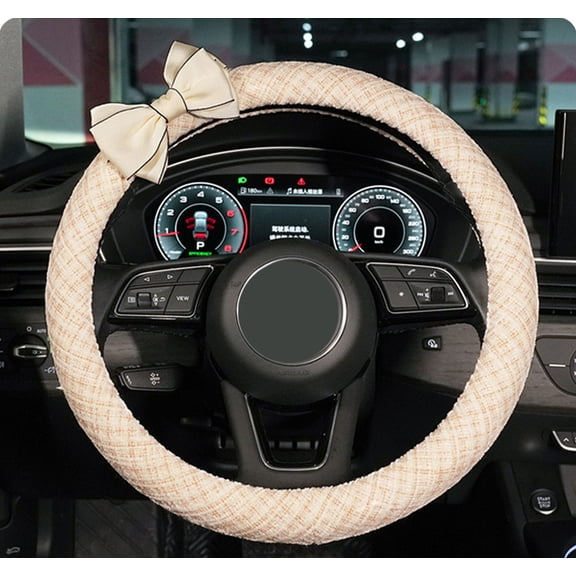 Luxury Plaid Style Cotton Linen Steering Wheel Cover, Non-Slip Bowknot Car Steering Wheel Cover, Universal Fit for Most Vehicles