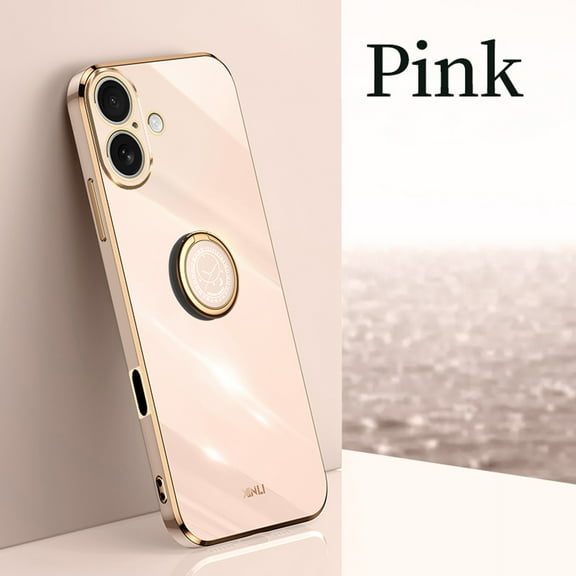 Luxury Plating Case for iPhone 16 Plus, Ring Holder Kickstand Full Camera Protection Drop Protection Women Girl Fashion Electroplated Cover for iPhone 16 Plus, Pink