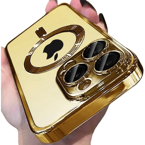 Luxury Plating Phone Case for iPhone 16 15 14 13 12 11 Pro Max Plus Hd Lens Protection Magnetic Wireless Charging Cover(for iPhone 16/Gold)