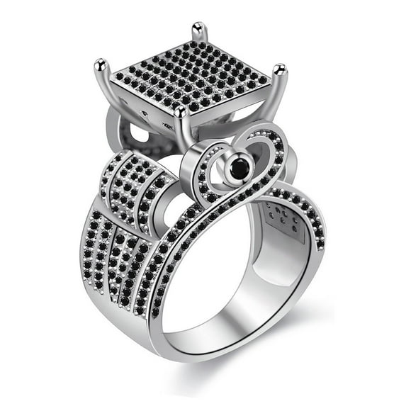 Luxury Platinum Plated Black Cubic Zircon Rings for Women Love Statement Cocktail Ring (Silver Color, Black CZ, Size 12)