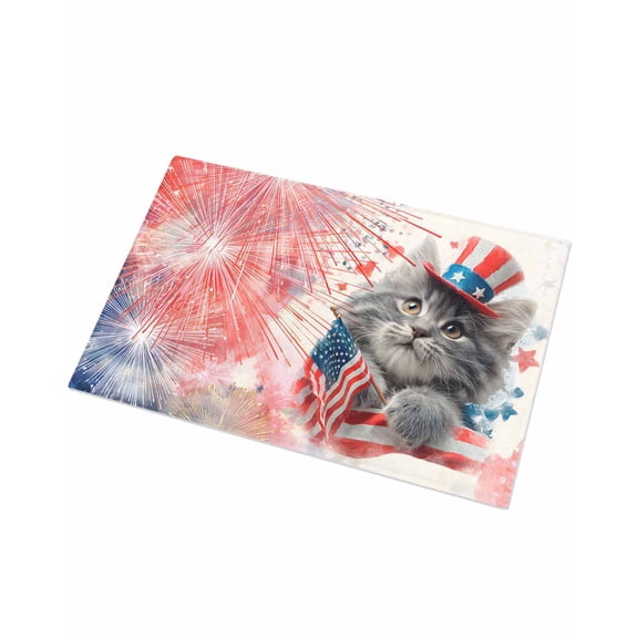 Luxury Plush Bathroom Rugs Mat, 4th of July Cute Cat Soft Shaggy Bath Carpet, Red Blue Fireworks Watercolor Non-Slip Floor Mat for Kitchen, Bedroom, 24"x35"