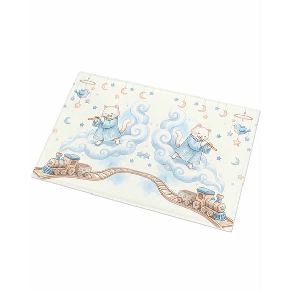 Luxury Plush Bathroom Rugs Mat, Blue Cartoon Cat Soft Shaggy Bath Carpet, Cute Star Train Cloud Birds Non-Slip Floor Mat for Kitchen, Bedroom, 16"x24"