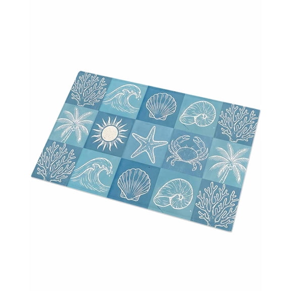 Luxury Plush Bathroom Rugs Mat, Blue Coastal Soft Shaggy Bath Carpet, Starfish Shell Coral Palm Trees Conch Ocean Non-Slip Floor Mat for Kitchen, Bedroom, 24"x35"