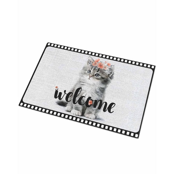 Luxury Plush Bathroom Rugs Mat, Cute Animal Soft Shaggy Bath Carpet, Funny Cat in Film Flowers Welcome Gray Black Non-Slip Floor Mat for Kitchen, Bedroom, 24"x35"