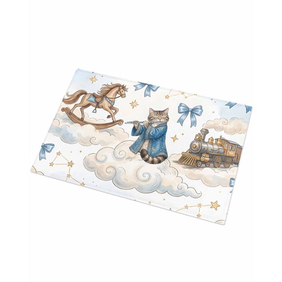 Luxury Plush Bathroom Rugs Mat, Funny Cartoon Soft Shaggy Bath Carpet, Blue Cute Cat Train Cloud Star Bow Knot Non-Slip Floor Mat for Kitchen, Bedroom, 24"x35"