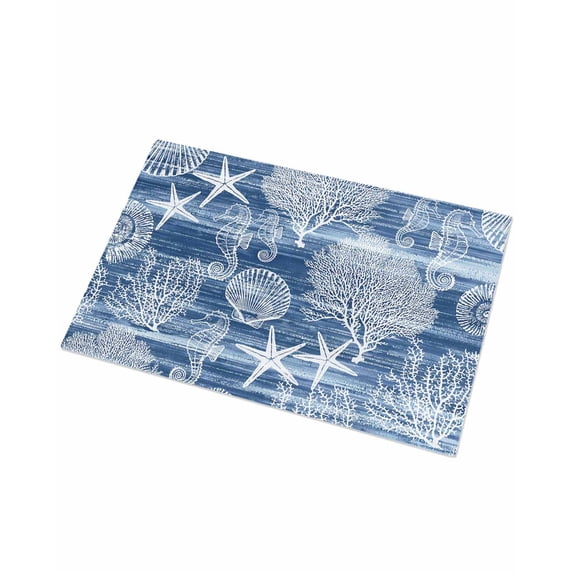 Luxury Plush Bathroom Rugs Mat, Navy Blue Coastal Soft Shaggy Bath Carpet, Nautical Coral Starfish Shell Seahorse Ocean Non-Slip Floor Mat for Kitchen, Bedroom, 18"x30"