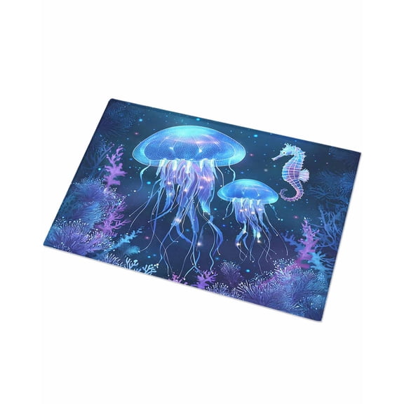 Luxury Plush Bathroom Rugs Mat, Purple Blue Jellyfish Soft Shaggy Bath Carpet, Coastal Fancy Ocean Seahorse Coral Non-Slip Floor Mat for Kitchen, Bedroom, 24"x35"