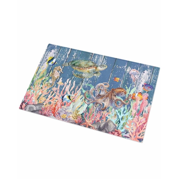 Luxury Plush Bathroom Rugs Mat, Turtle Coastal Soft Shaggy Bath Carpet, Nautical Summer Beach Coral Octopus Blue Wooden Non-Slip Floor Mat for Kitchen, Bedroom, 16"x24"