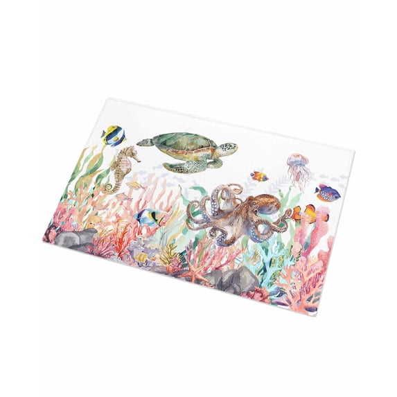 Luxury Plush Bathroom Rugs Mat, Turtle Coastal Soft Shaggy Bath Carpet, Nautical Summer Beach Coral Seahorse Jellyfish Non-Slip Floor Mat for Kitchen, Bedroom, 24"x35"