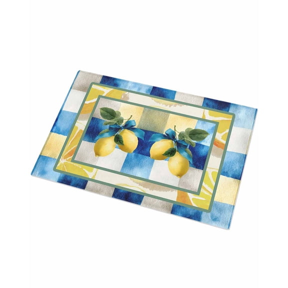 Luxury Plush Bathroom Rugs Mat, Yellow Lemon Soft Shaggy Bath Carpet, Summer Botanical Fruit Branch Blue Plaid Non-Slip Floor Mat for Kitchen, Bedroom, 16"x24"