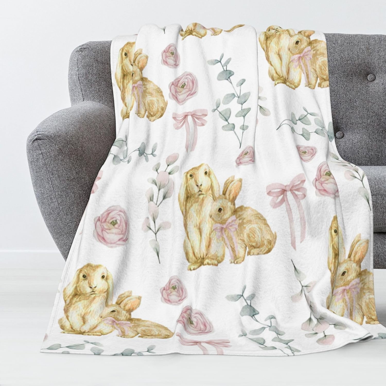 Luxury Plush Easter Blanket Cute Bunny Pink Bud Bow Tie Eucalyptus Leaves Throw Blanket for Couch,Lightweight Soft and Warm Throws Blankets for Sofa Bed Living Room in Spring 40"x50"
