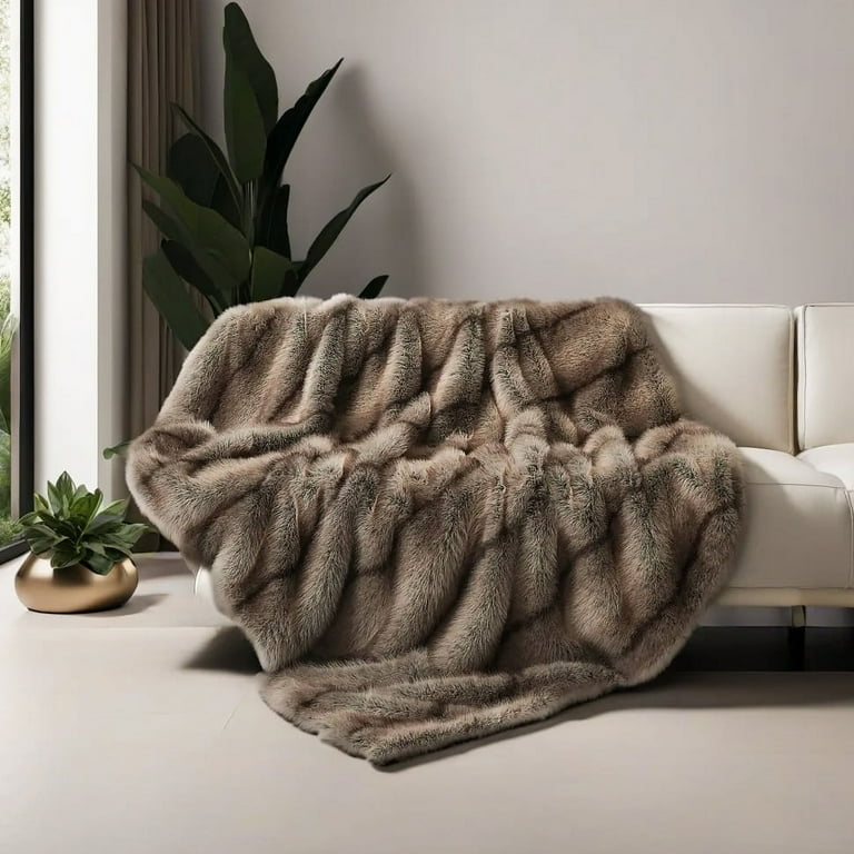 Luxury Plush Faux Fur Blanket Not Shedding Hair, Long Pile Brown